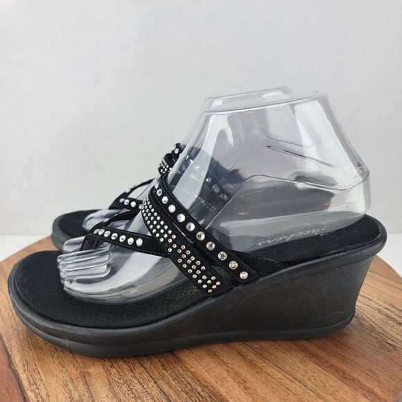 Skechers Womens Size 9 Black Cali Rumblers Memory Thong Wedge Sandals - Picture 1 of 9